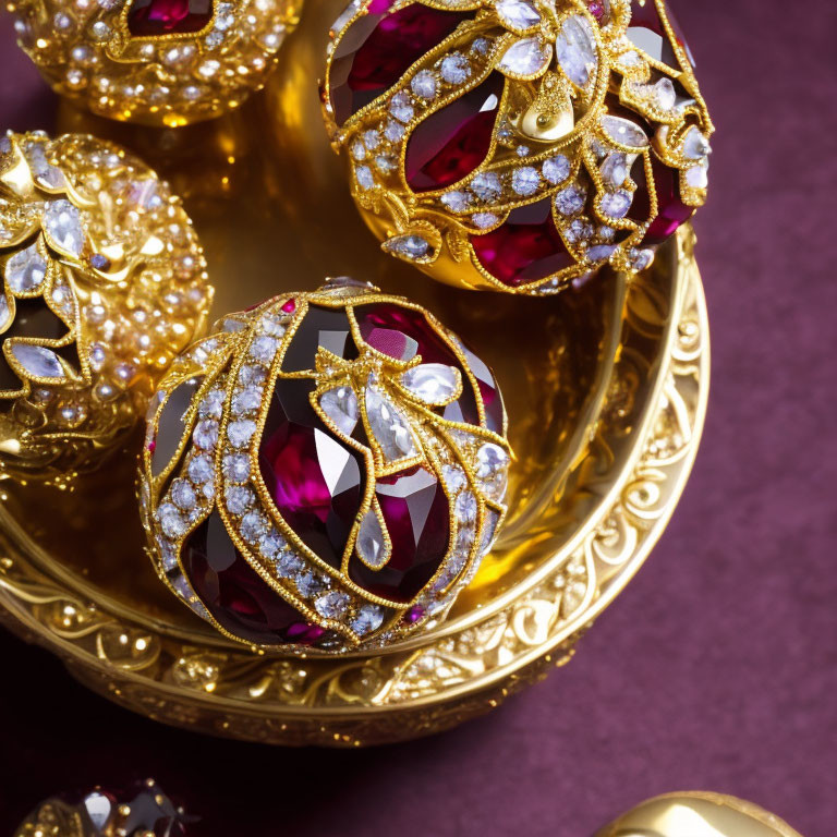 Luxurious Gold Jewelry with Diamonds and Red Gemstones on Purple Background