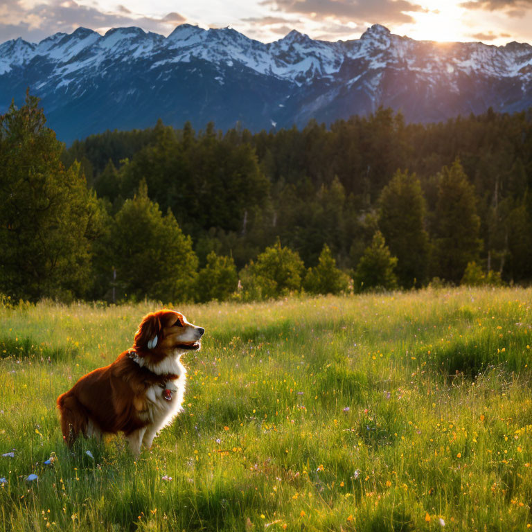 Dog in meadow with wildflowers at sunset with snow-capped mountains