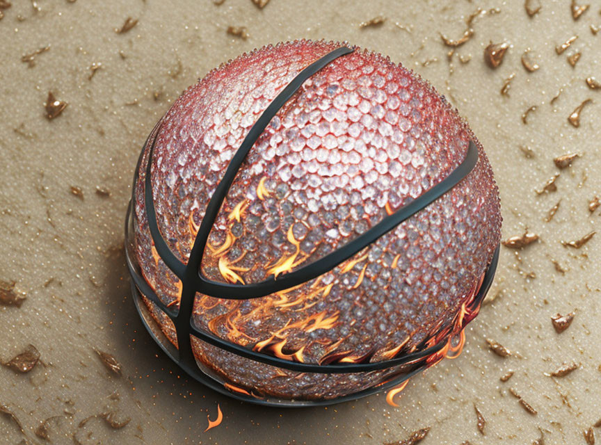 Textured basketball with flamed pattern on wet sandy surface