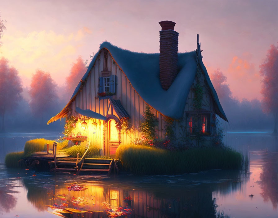 Tranquil Lake Cottage at Dusk with Warm Glowing Light