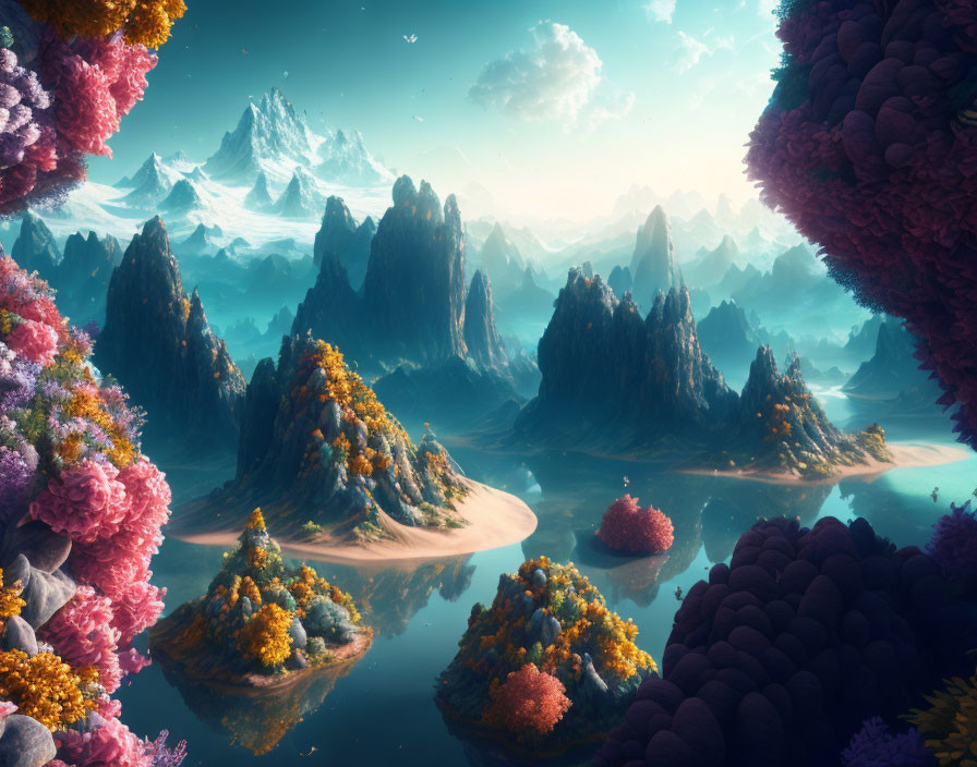 Vibrant fantasy landscape: colorful flora, misty mountains, calm waters