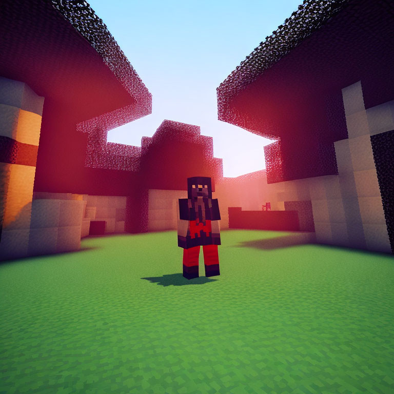 Virtual Minecraft character in pixelated landscape with large trees and glowing sky.