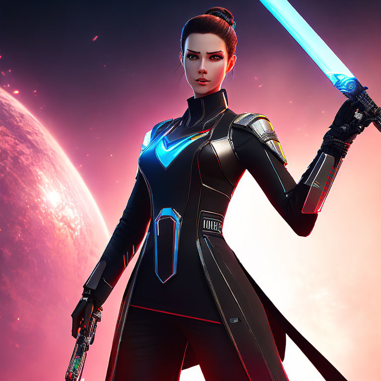 Female character in black futuristic suit with blue lightsaber in cosmic setting.