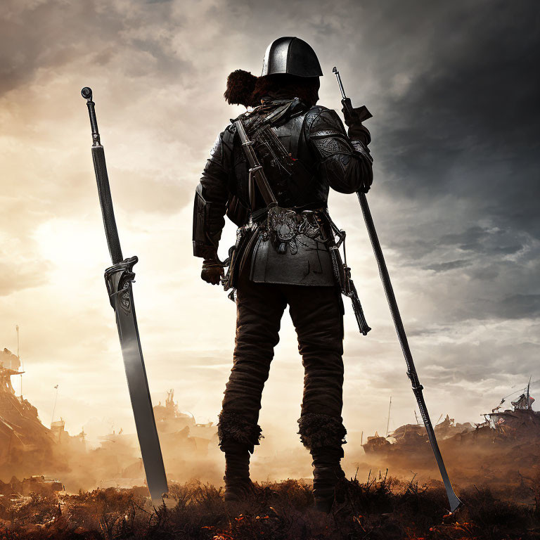 Warrior in armor with helmet and cape against dramatic sky.