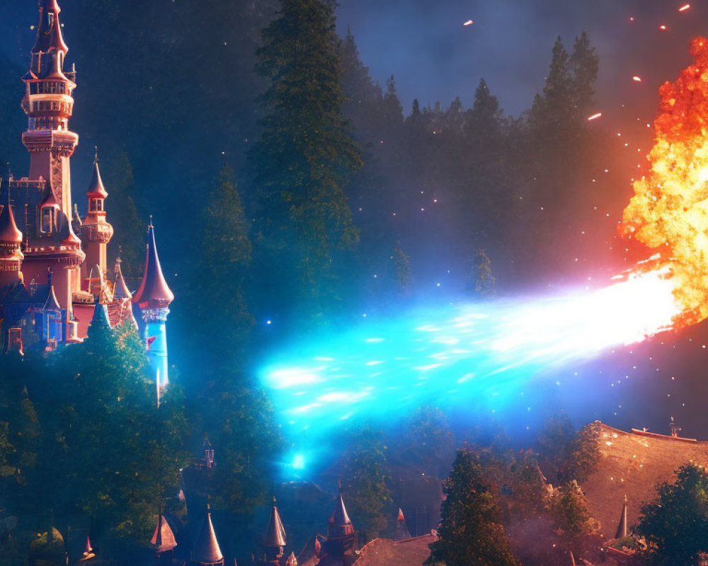 Fantastical castle at twilight with explosion and blue energy beam