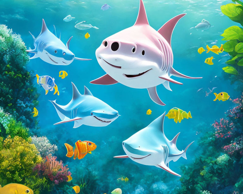 Colorful Fish and Friendly Sharks in Vibrant Underwater Scene