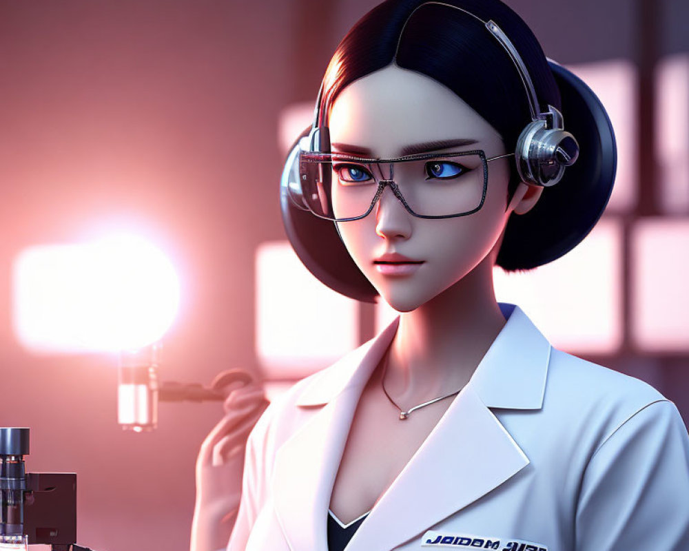 Stylized animated female scientist in lab coat with glowing test tube