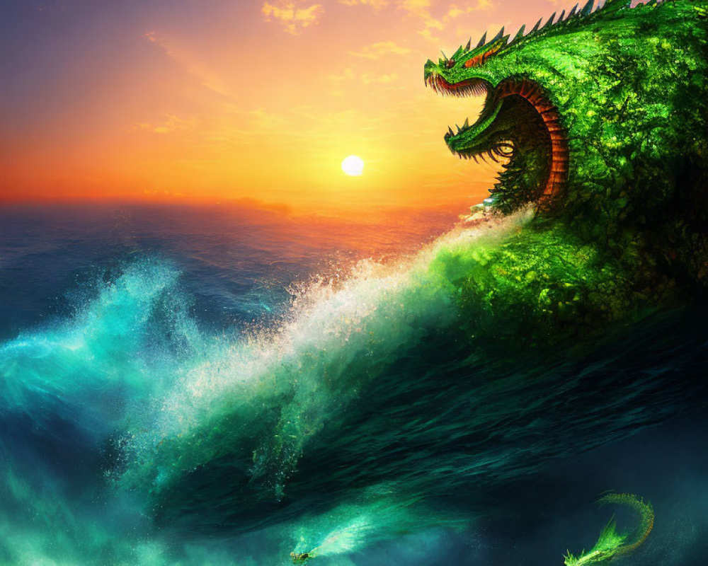 Sunset scene with massive dragon-shaped wave and smaller tailing wave.