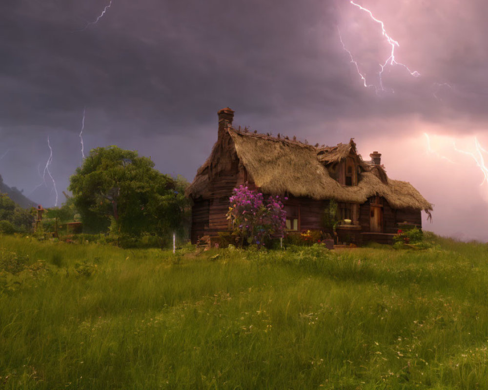 Rustic thatched-roof cottage in stormy skies landscape