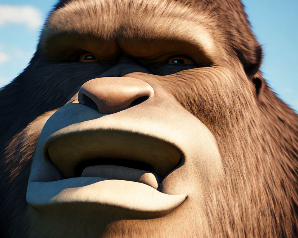 Detailed 3D animated gorilla with thoughtful expression against blue sky