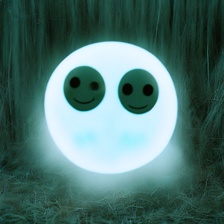 Circular Glowing Object with Smiling Faces in Dark Surroundings