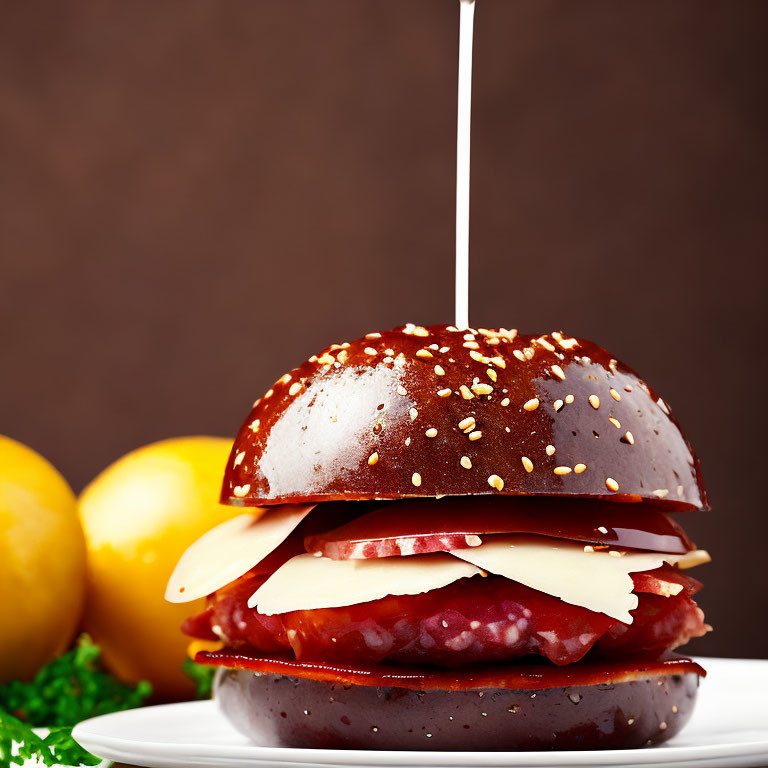 Gourmet burger with cheese and salami on sesame seed bun on white plate