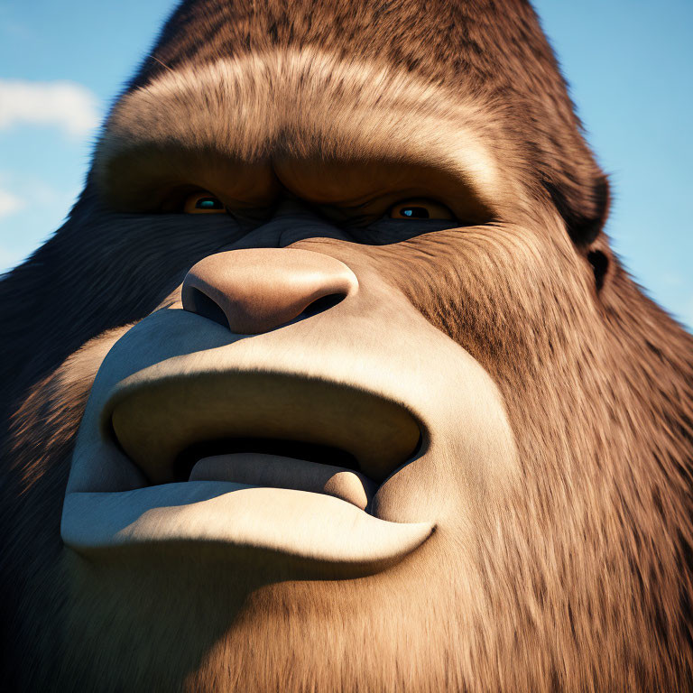 Detailed 3D animated gorilla with thoughtful expression against blue sky