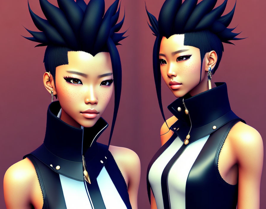 Stylized 3D characters with edgy hairstyles and modern outfits on warm-toned backdrop