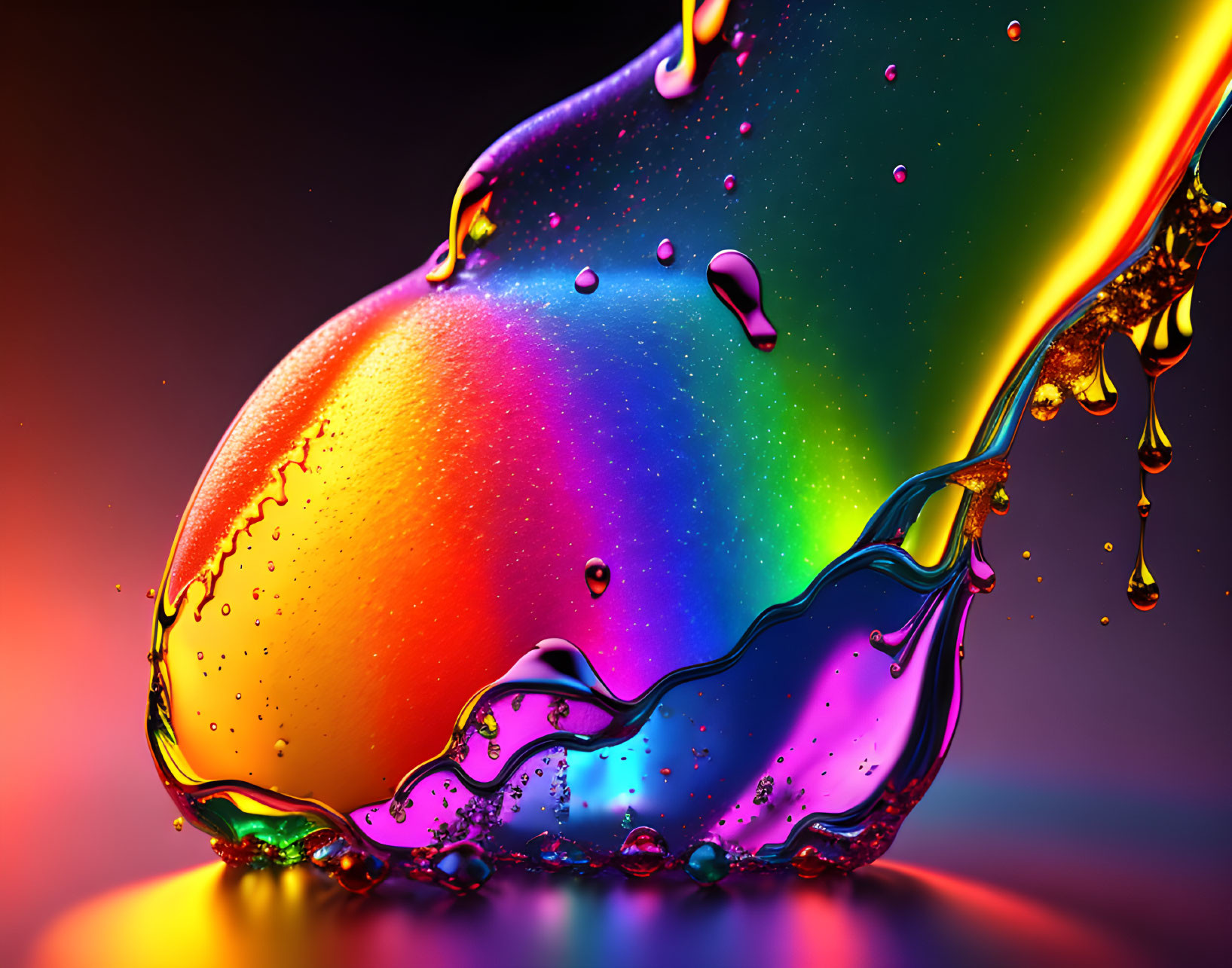 Colorful liquid splash on warm background with suspended droplets.