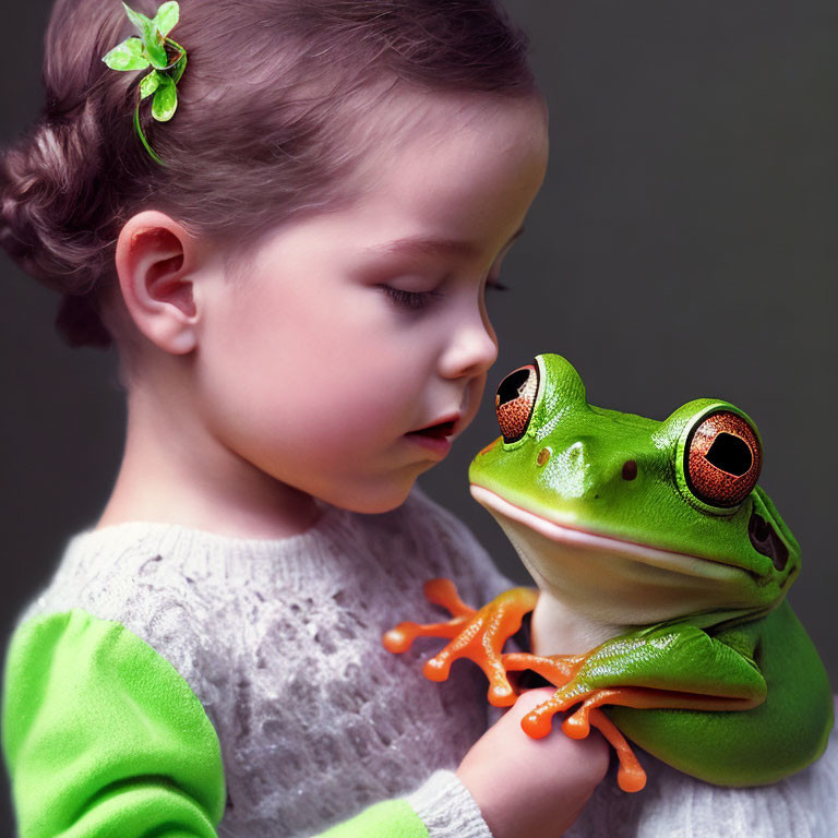 Young girl with hair clip meets large green frog with orange feet in peaceful scene