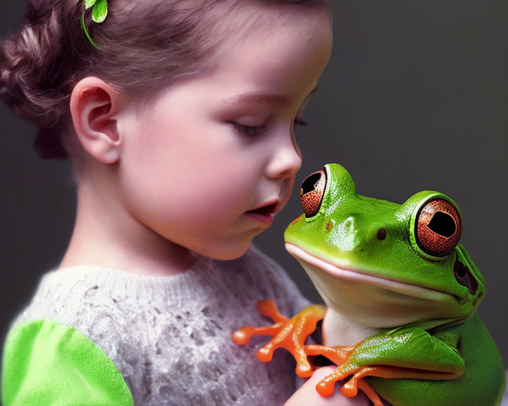 Young girl with hair clip meets large green frog with orange feet in peaceful scene