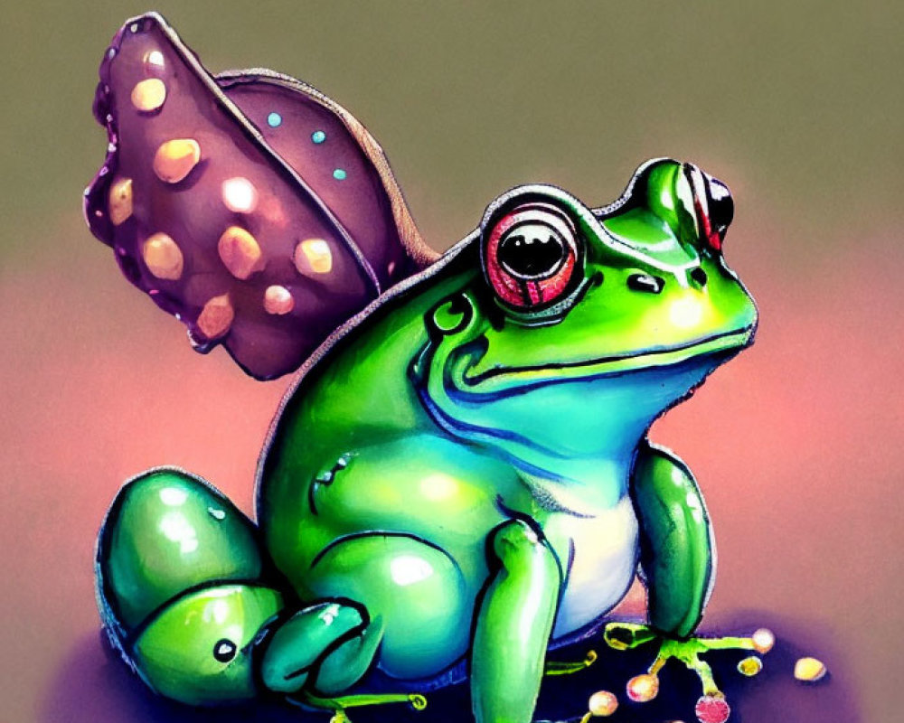 Whimsical green frog with butterfly wings in fairy dust landscape