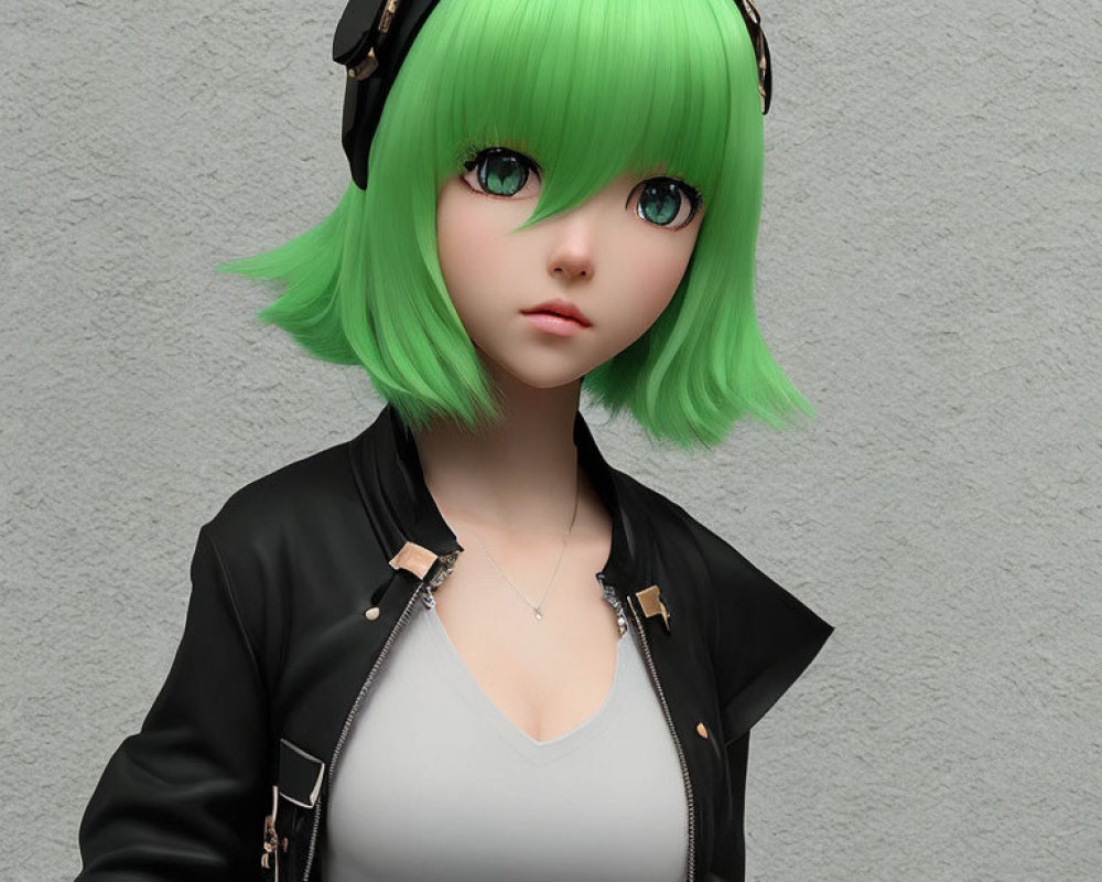 3D illustration of young female with green hair, leather jacket, and headphones