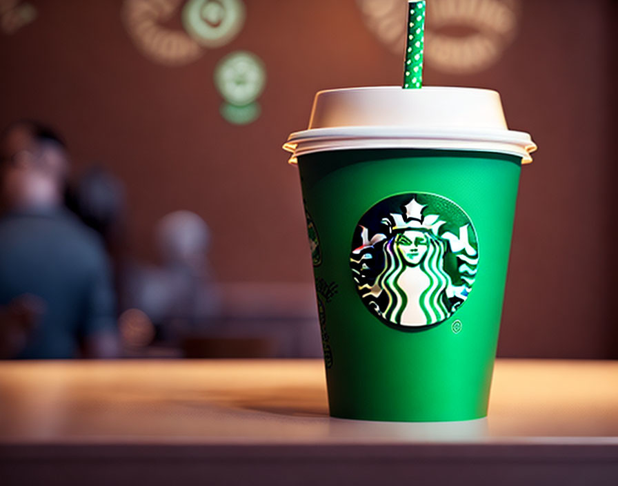 Starbucks cup on table with blurred store interior and customers
