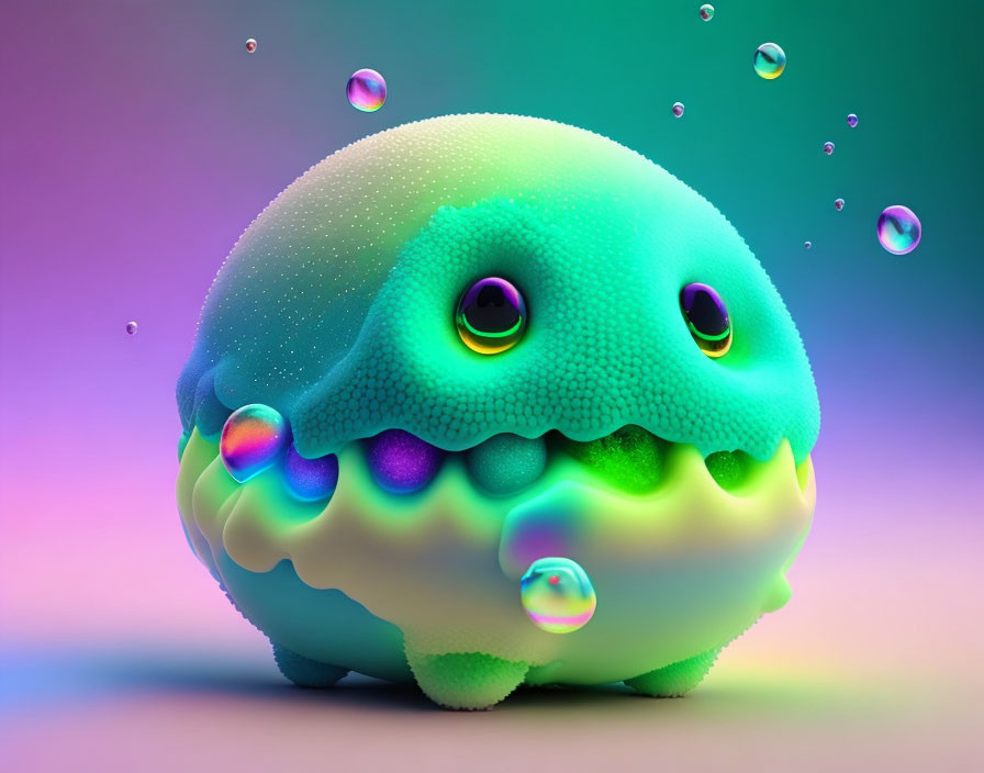 Colorful round creature with textured surface, large eyes, neon highlights, and bubbles on gradient backdrop
