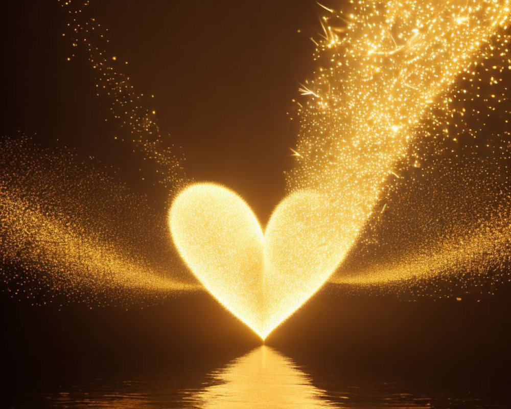 Heart-shaped golden sparkles trail on dark water surface against black background