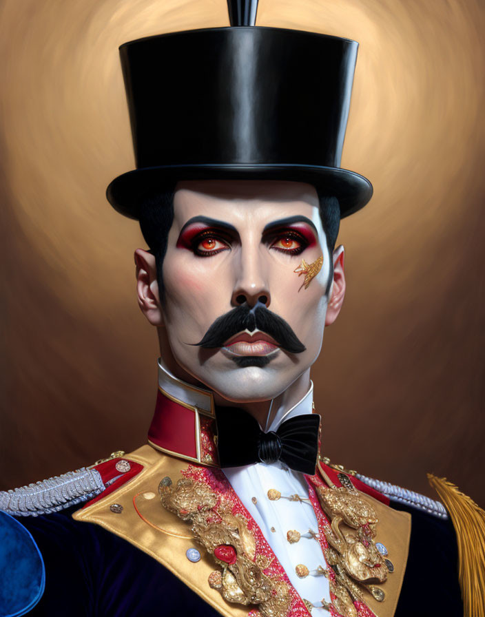 Stylized portrait of man in red eyeshadow, top hat, mustache, and orn