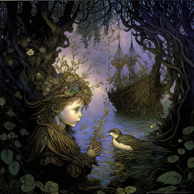 Child with bird in magical forest setting with boat - whimsical illustration