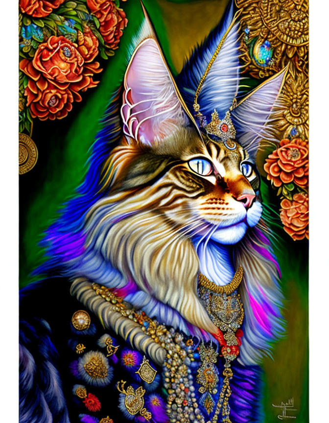Regal Cat with Human-Like Features and Ornate Jewelry and Surroundings
