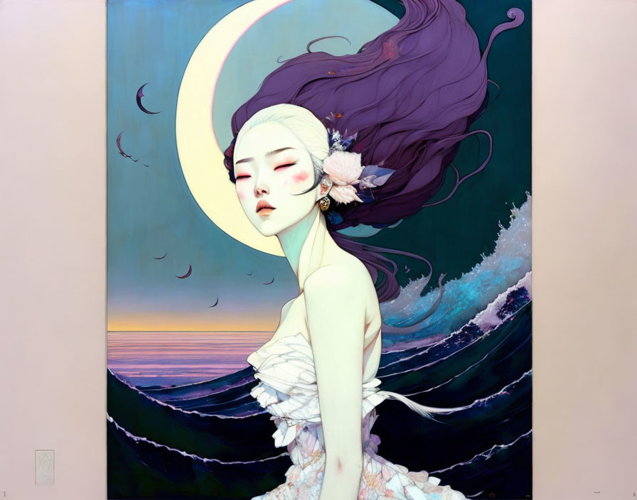 Ethereal figure with moon-like halo and flowing purple hair by tranquil sea