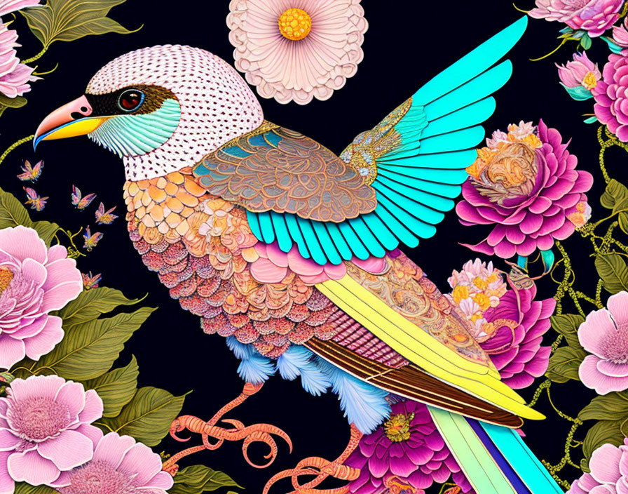 Colorful Stylized Bird Illustration with Floral Surroundings