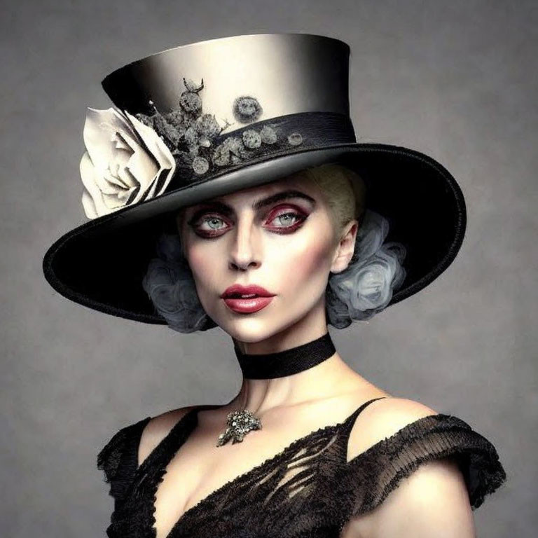 Woman in Black Top Hat with Dramatic Makeup and Vintage Attire