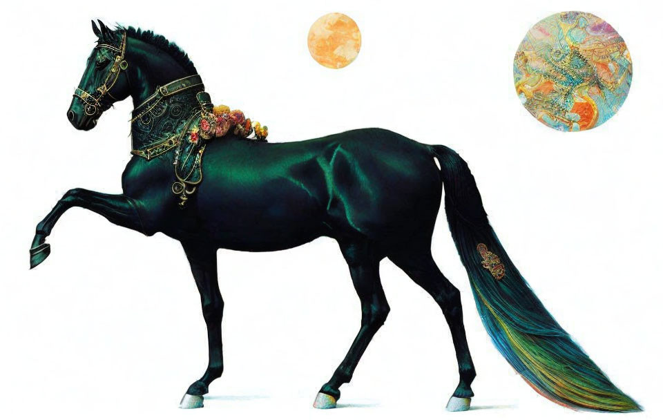 Majestic black horse with ornate bridal and orbs on white background