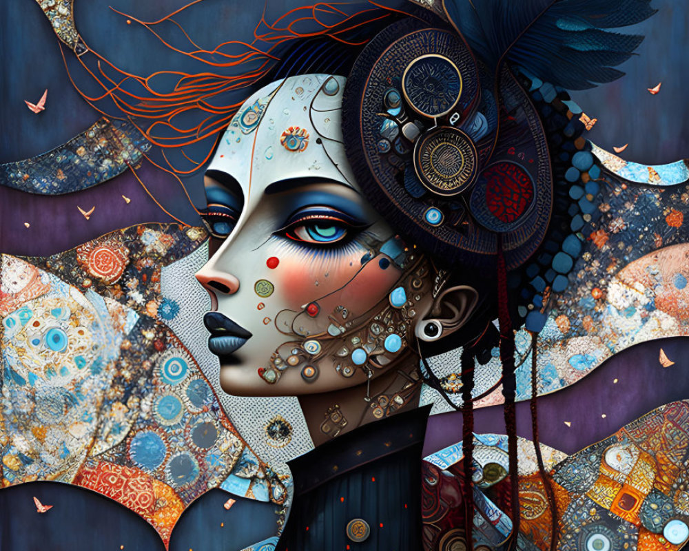 Intricate woman portrait with mechanical elements on dark blue background.