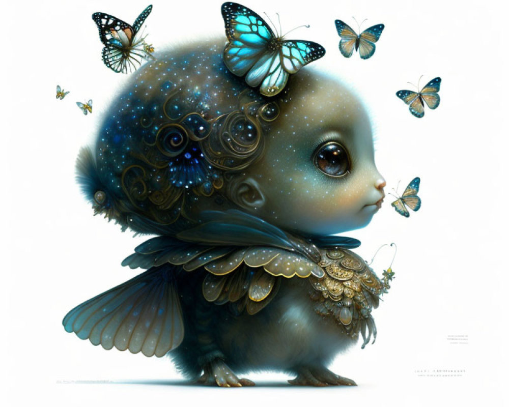 Fantastical creature with innocent eyes, dark fur, golden wings, and blue butterflies