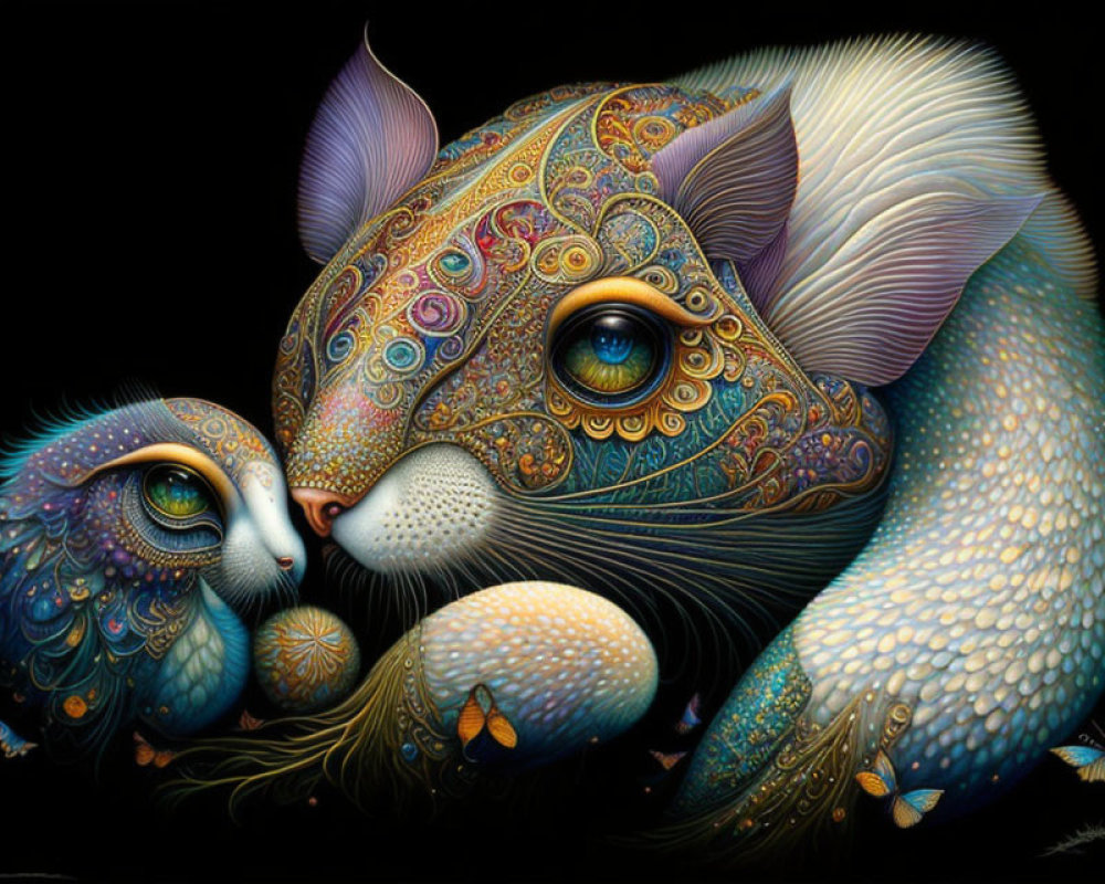 Colorful Illustration of Stylized Cat and Owl Creatures