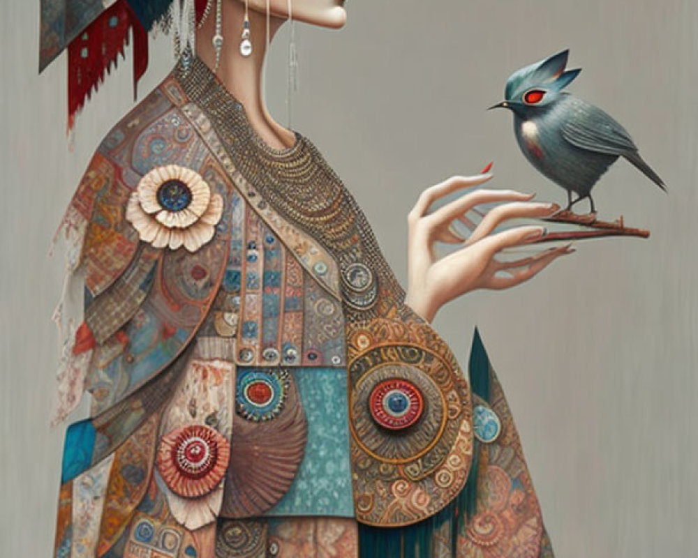Detailed illustration of woman with geometric headdress and ornate garments next to fantastical bird