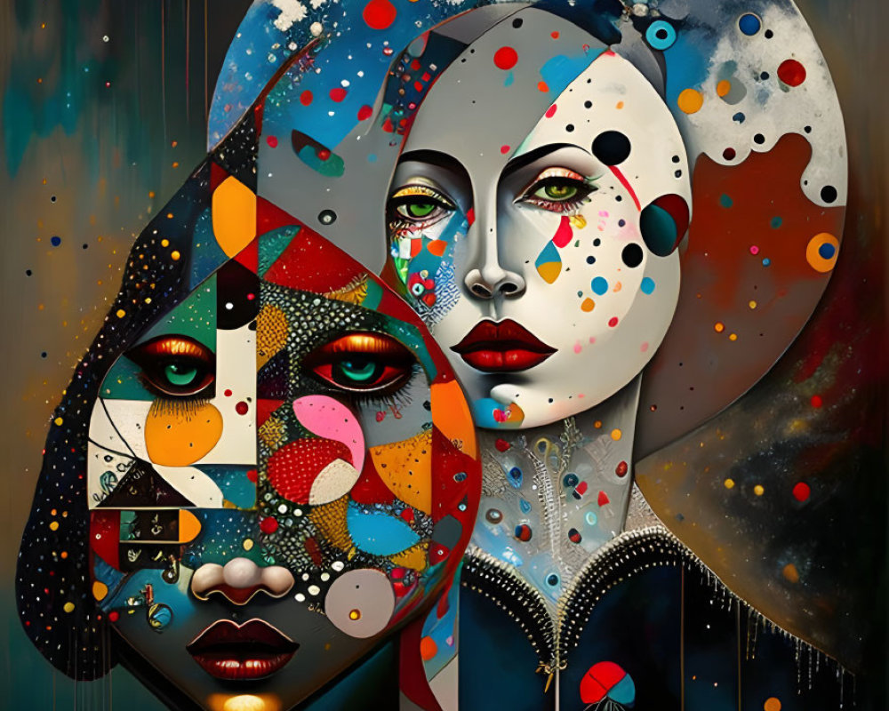 Vibrant surrealist painting of overlapping female faces with cosmic elements