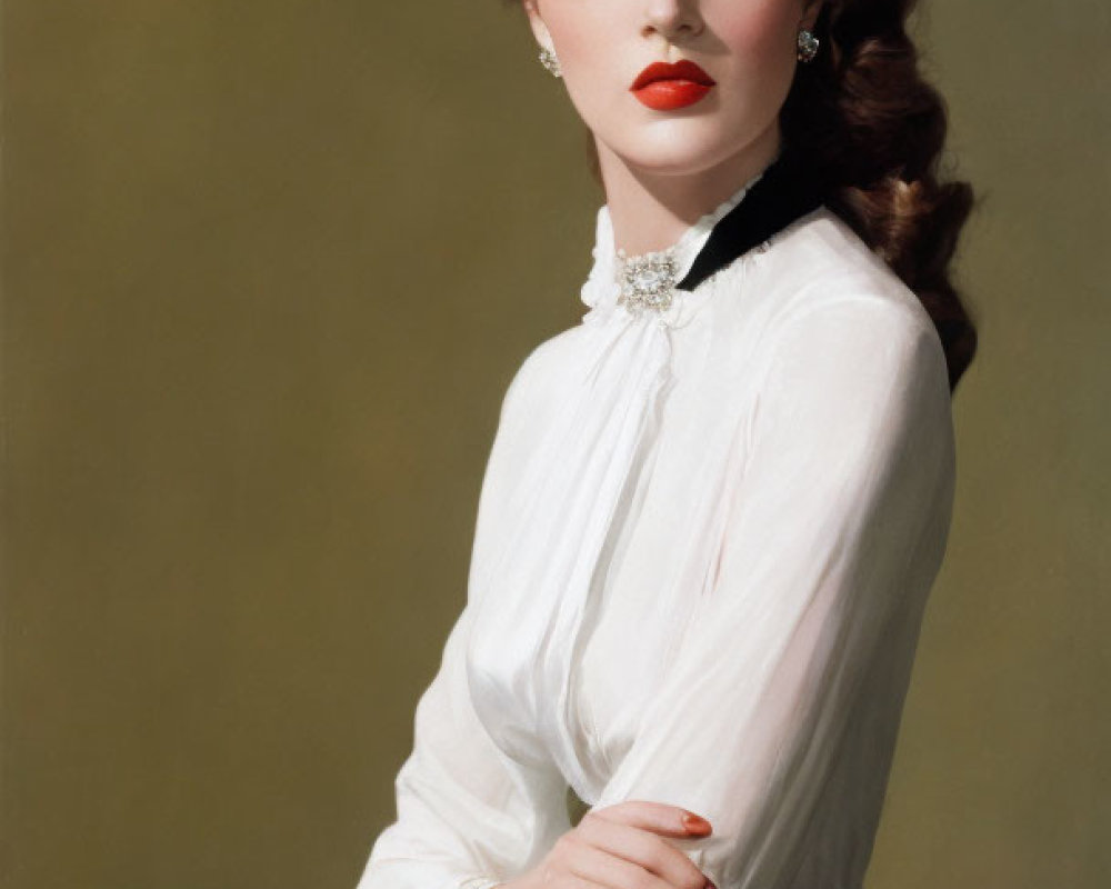 Vintage Attired Woman in Top Hat and Red Lipstick on Neutral Background