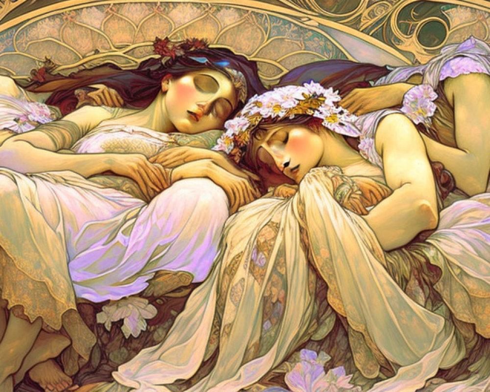 Ethereal Art Nouveau depiction of two women in harmonious embrace