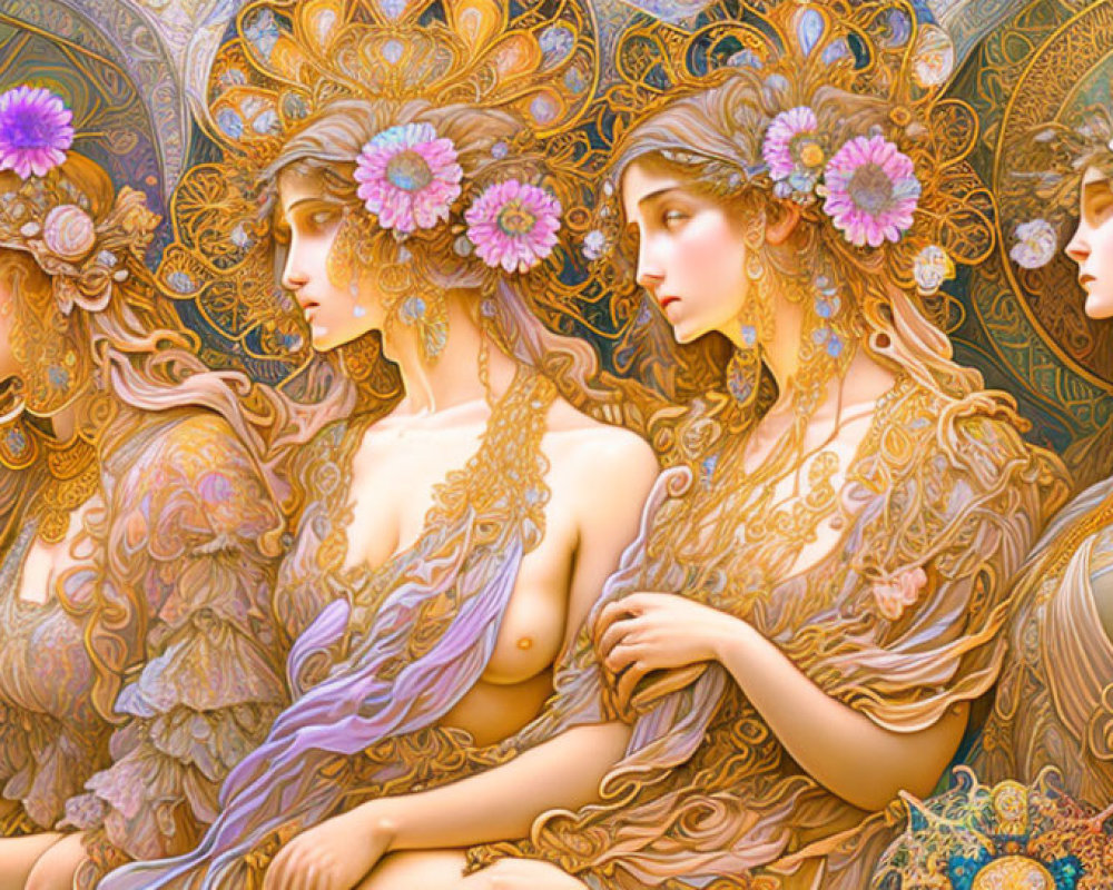 Art Nouveau-style illustration of three ethereal women with floral headpieces