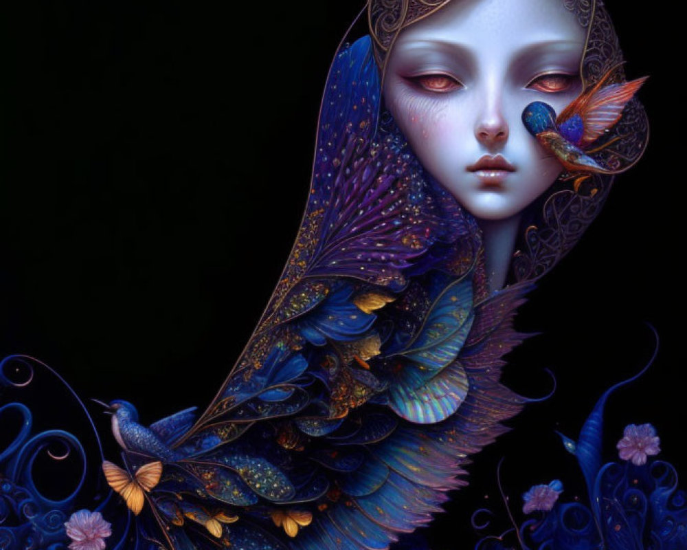Surreal female portrait with butterfly features and ornate patterns on dark background
