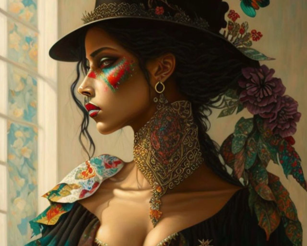 Portrait of woman with intricate face paint, top hat, shawl, floral and patterned designs,