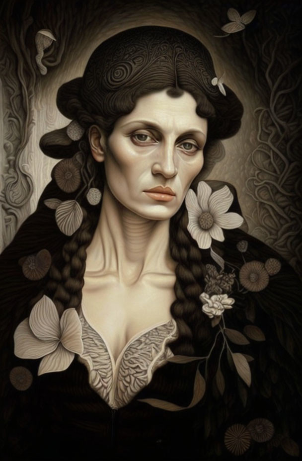 Surreal portrait of woman with stylized hair, somber expression, surrounded by butterflies and flor