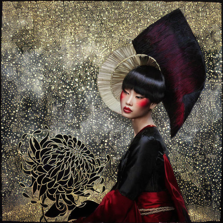 Traditional Japanese woman in red makeup and headpiece against starry backdrop
