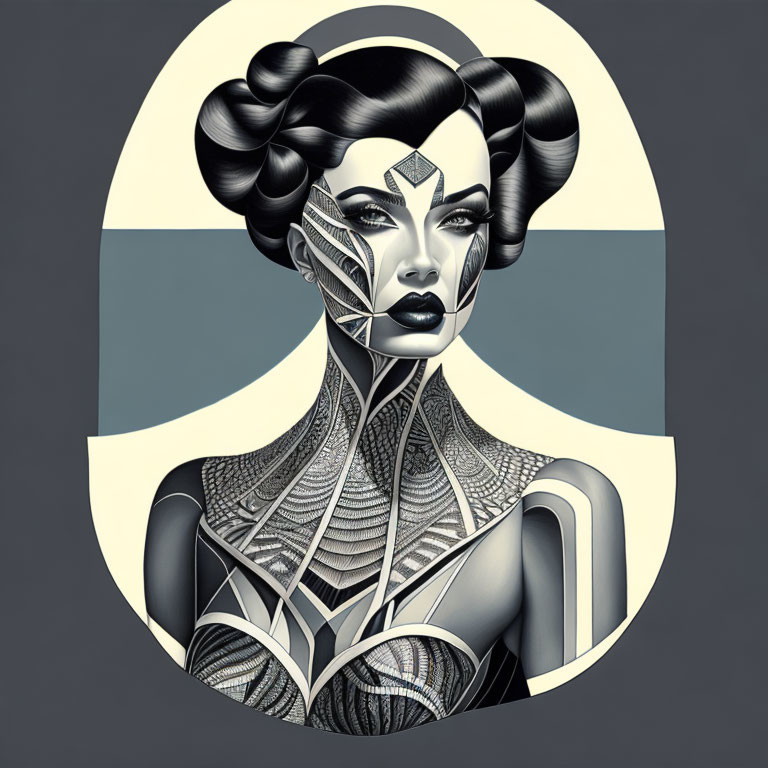 Monochromatic portrait of woman with geometric patterns and futuristic hairstyle