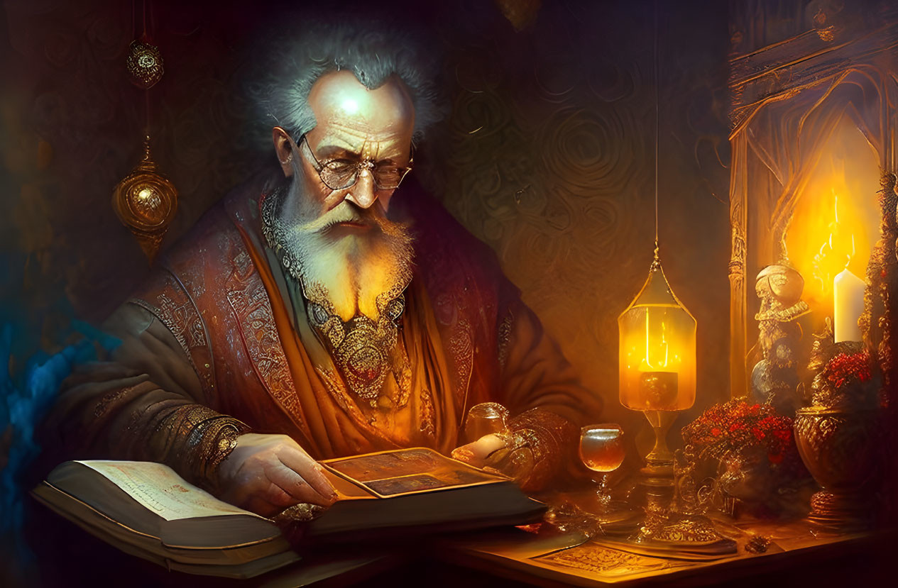 Elderly bearded scholar reading book by candlelight in ornate study