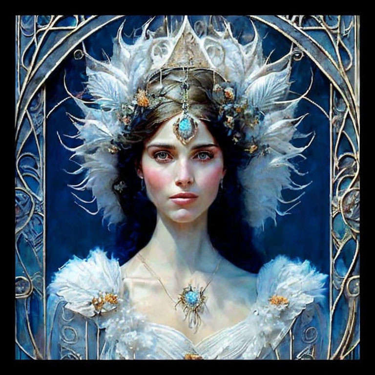 Ethereal woman with decorative headdress and feathers in blue ornate frame