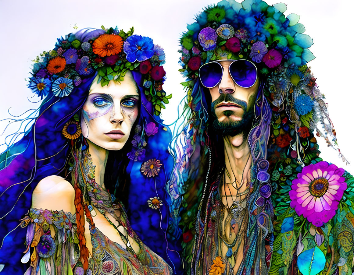 Colorful Portrait of Two Individuals with Flower Hats and Face Paint