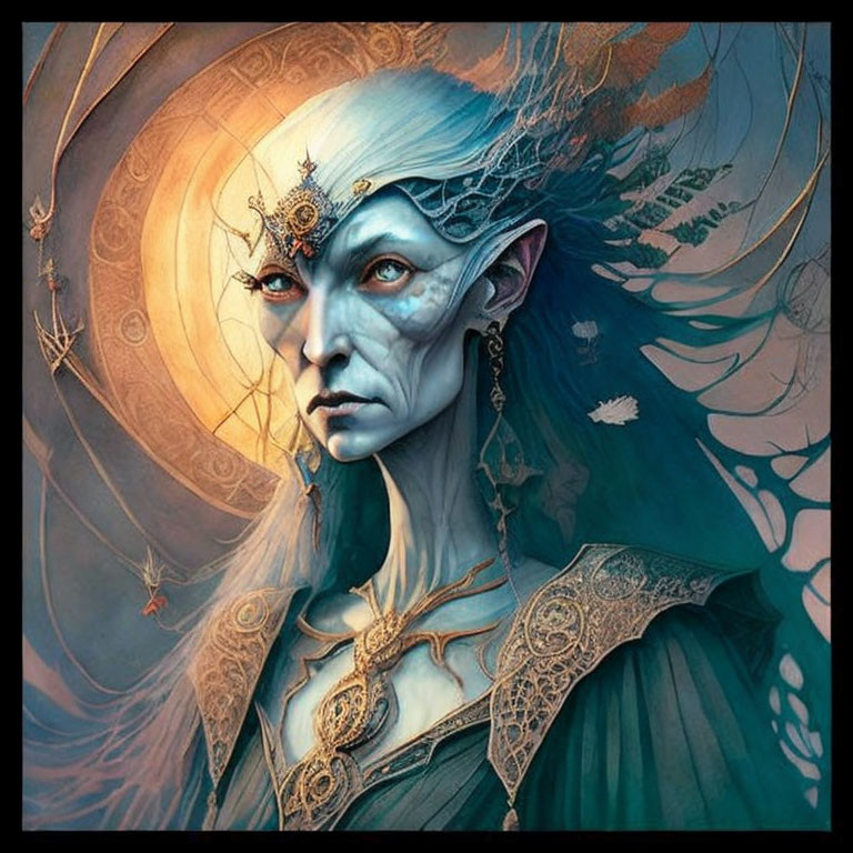 Mystical elven character with sharp ears and ornate headwear in golden and blue tones